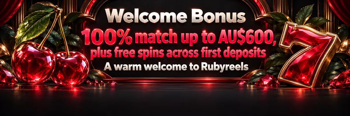 Glossy cherries and a tilted slot-machine seven frame a welcome bonus headline against a dark leafy backdrop.